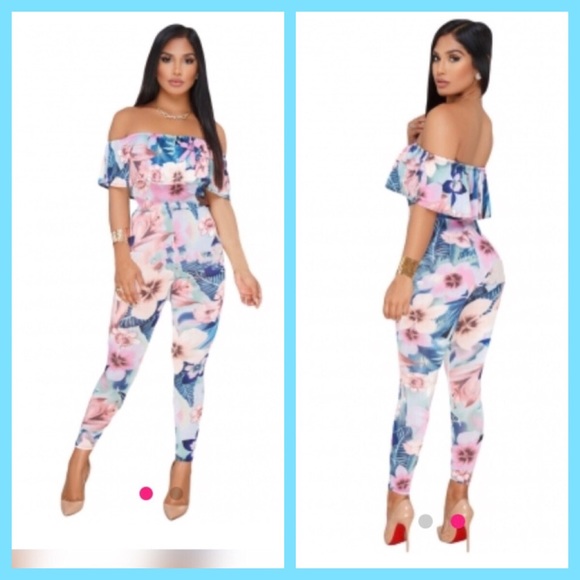 Pink Blue Floral Ruffle Off Shoulder Jumpsuit - Picture 2 of 4